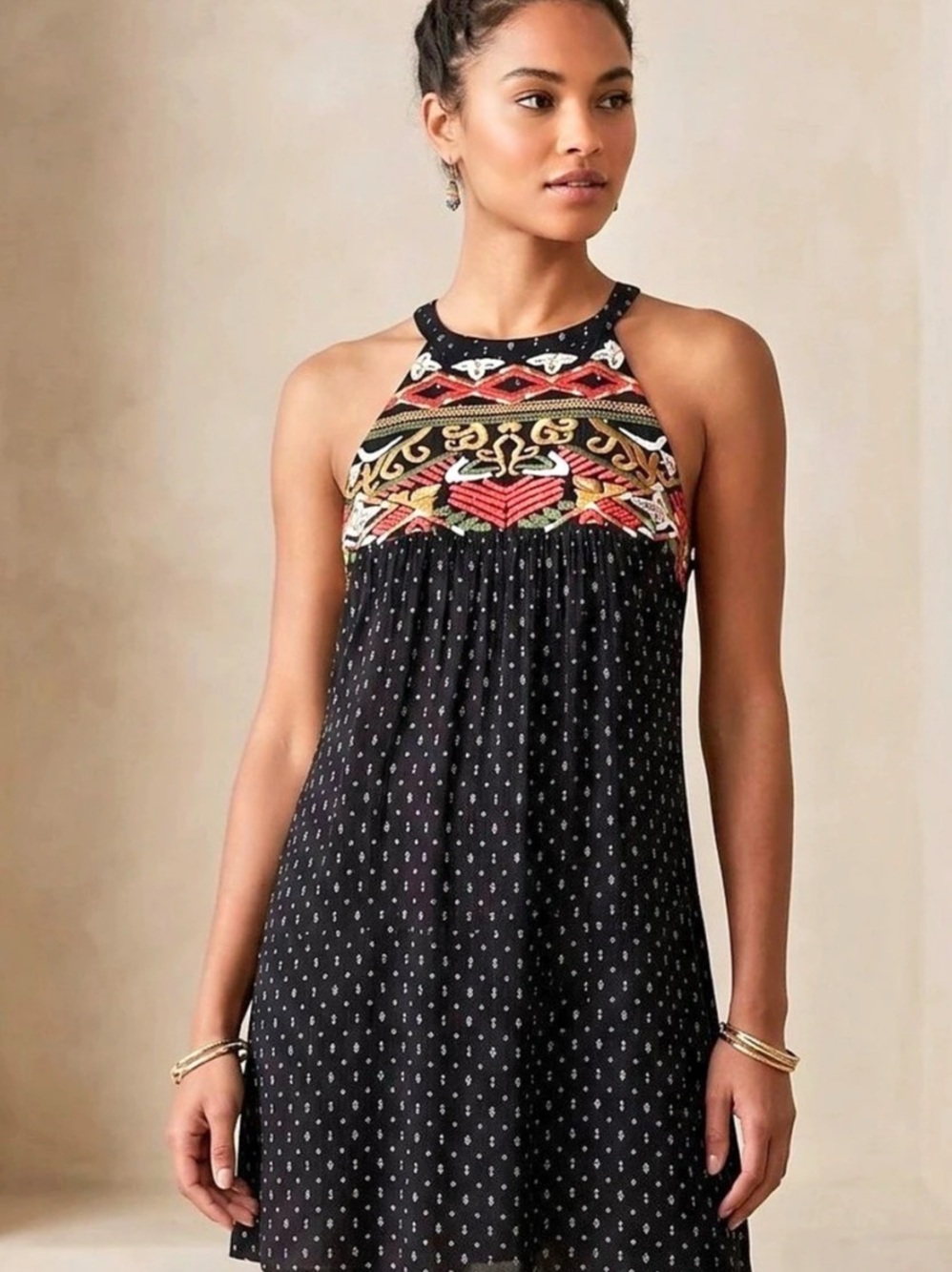 THML Black Embroidered Halter Dress Mini Dress in Black & Red Medium